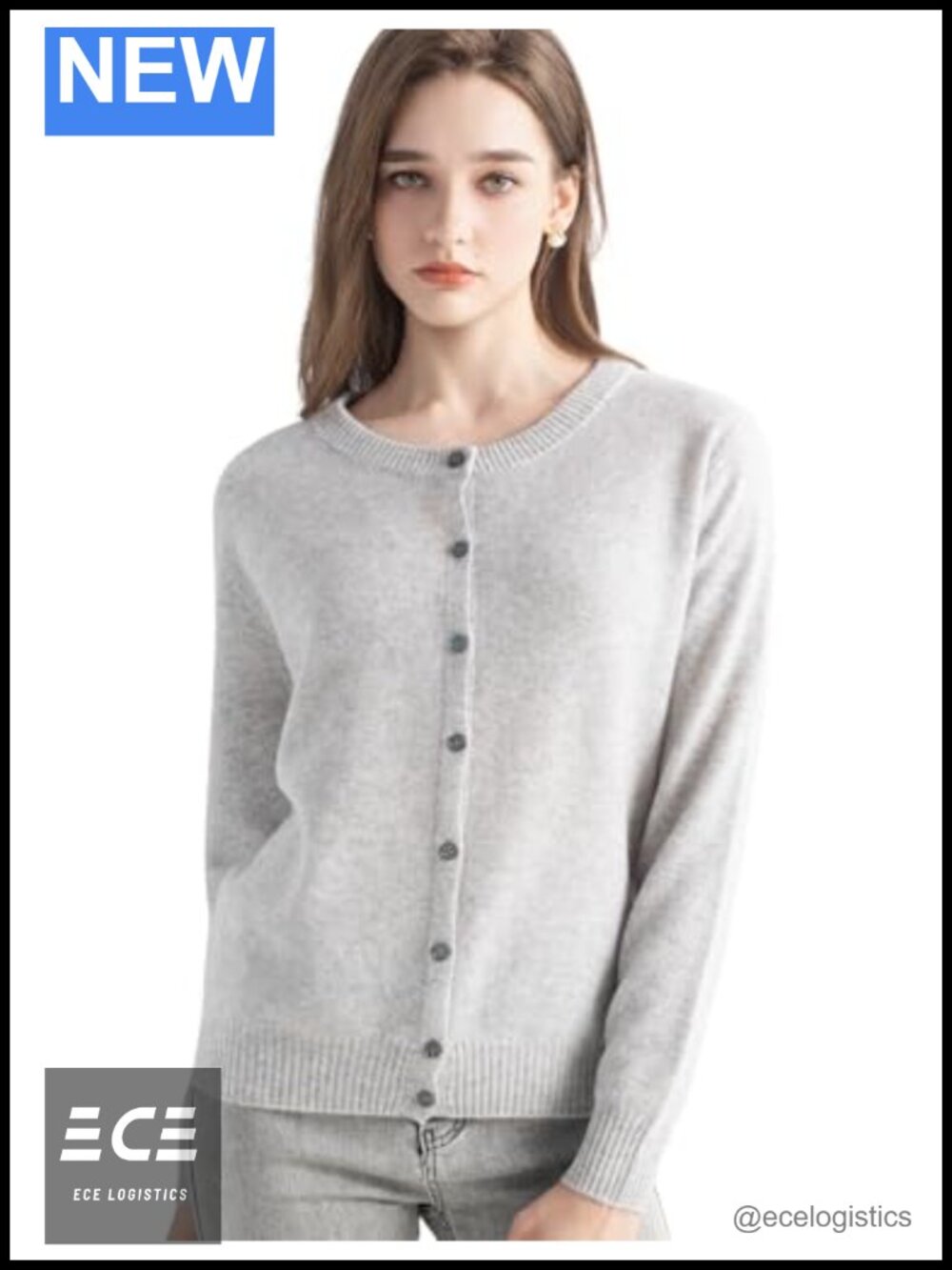 100% Pure Cashmere Cardigan Crew Neck Long Sleeve Knit Sweater
